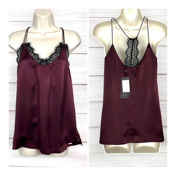 NWT NEW Armani Exchange Burgundy Silk Black Lace Cami Spaghetti Straps Top S - Picture 1 of 16